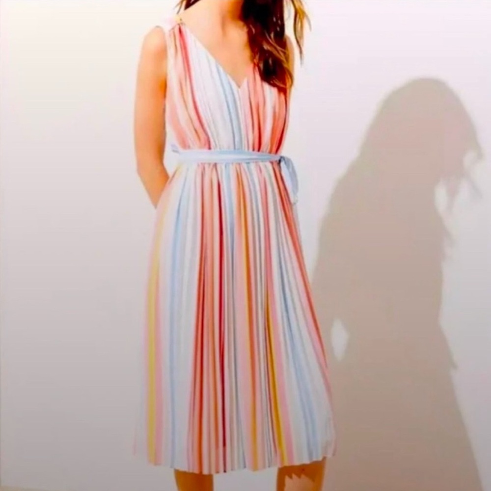 Loft Womens Large Petite Rainbow Striped Pleated Belted Midi Dress